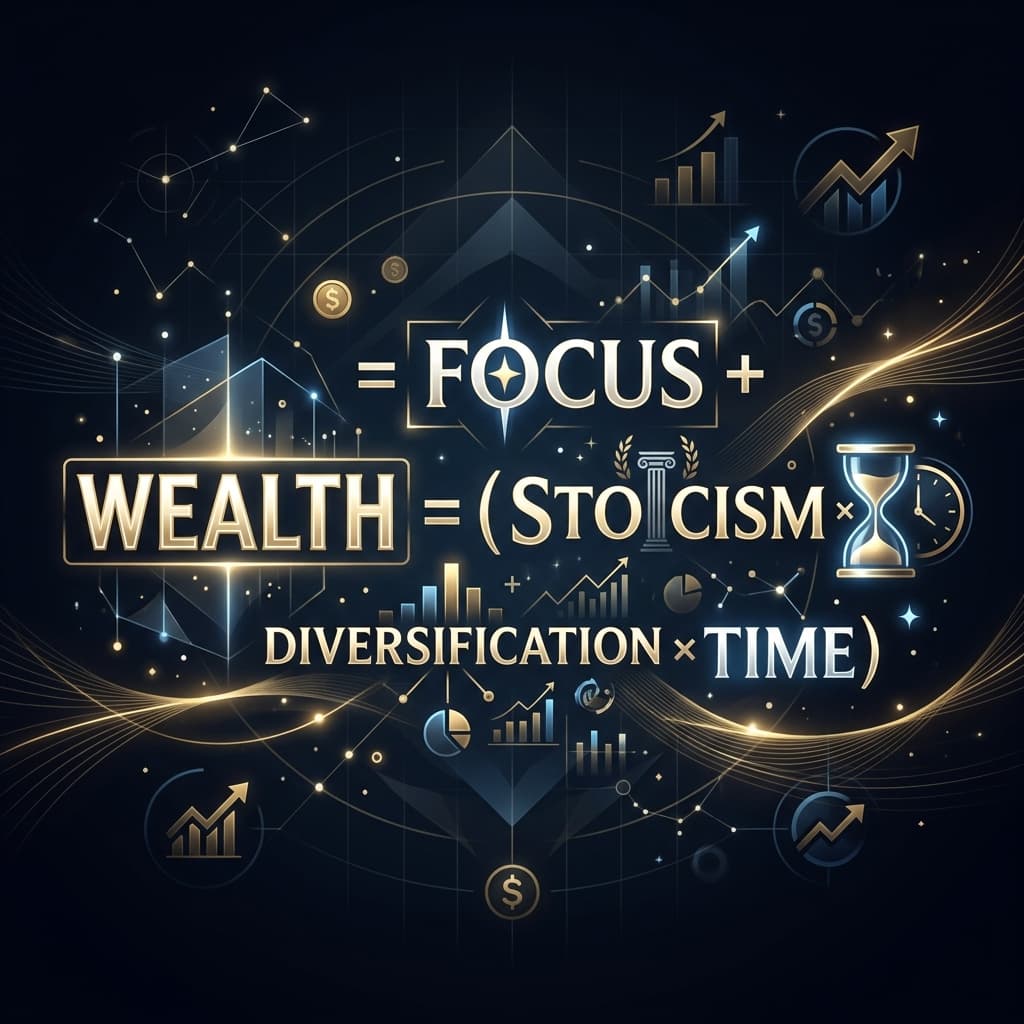 A stylized algebra formula related to wealth on a dark, elegant background with gold and deep blue accents