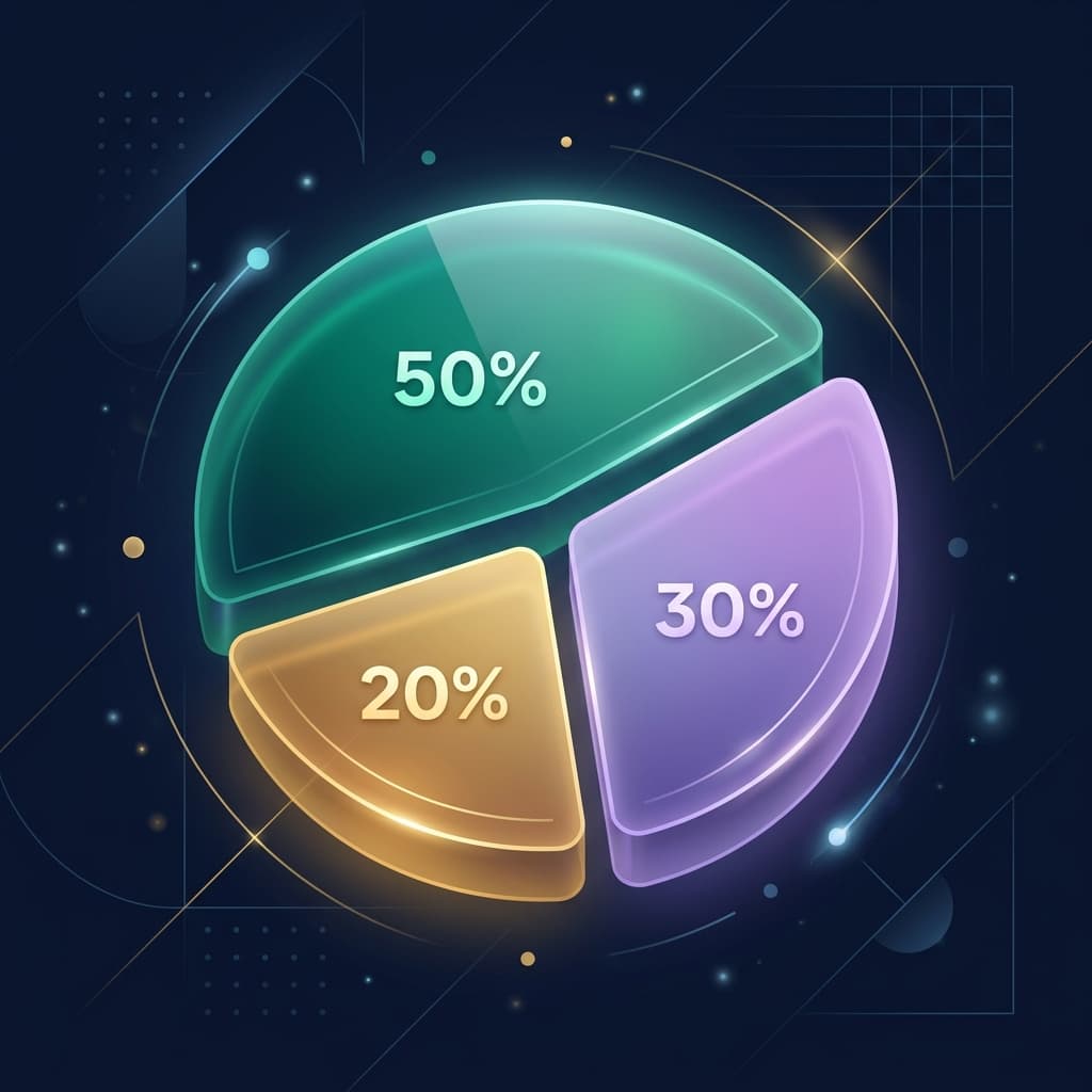 Pie chart showing the 50/30/20 budget allocation split across needs, wants, and savings