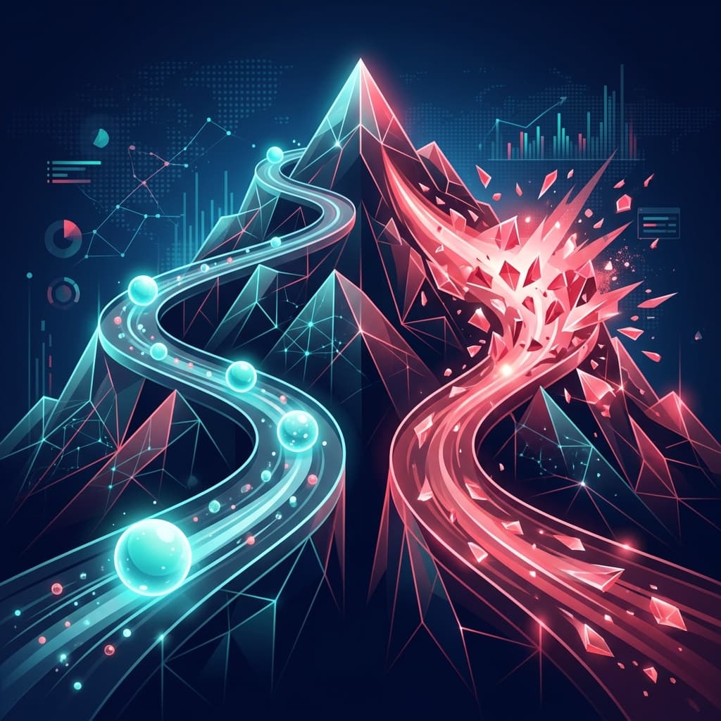 Two paths diverging on a mountain, one showing a snowball rolling downhill and the other showing an avalanche clearing the way, representing debt payoff strategies