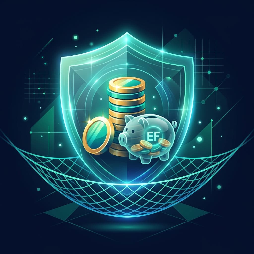 Shield icon protecting a stack of coins representing financial security through an emergency fund