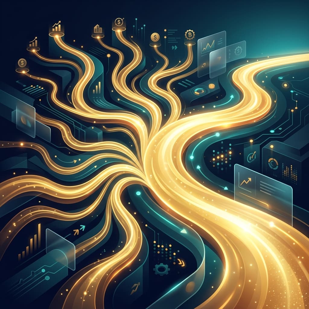 Multiple flowing rivers merging into one large river, symbolizing diverse income streams combining into wealth