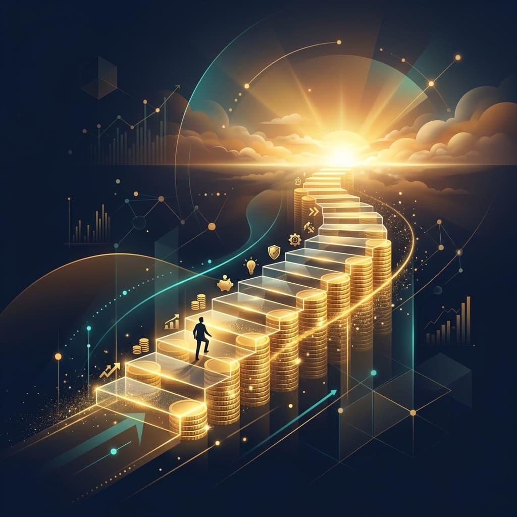 Ascending staircase made of golden coins leading to a sunrise, representing the gradual daily habits that build wealth