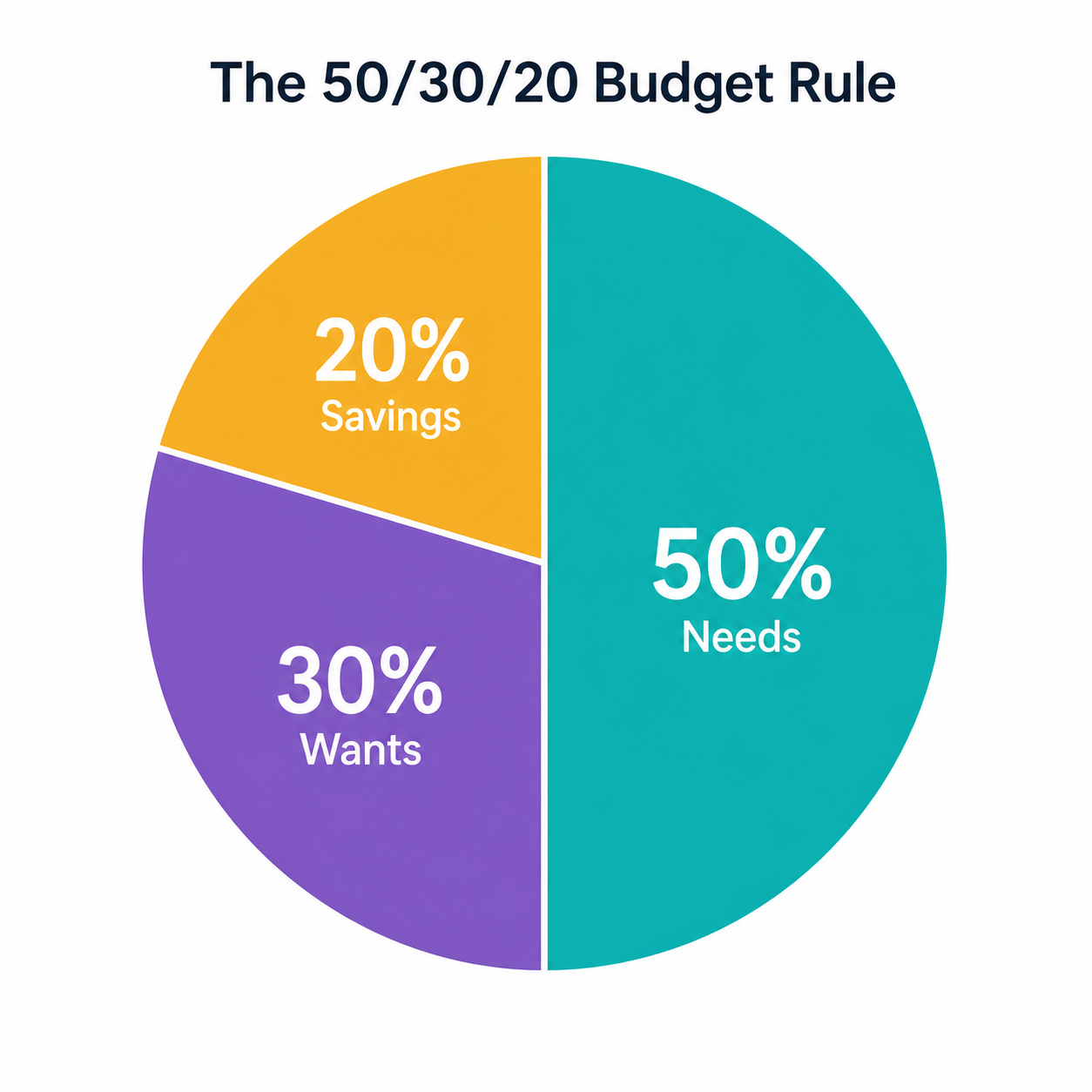 Colorful pie chart breaking down 50% needs, 30% wants, and 20% savings