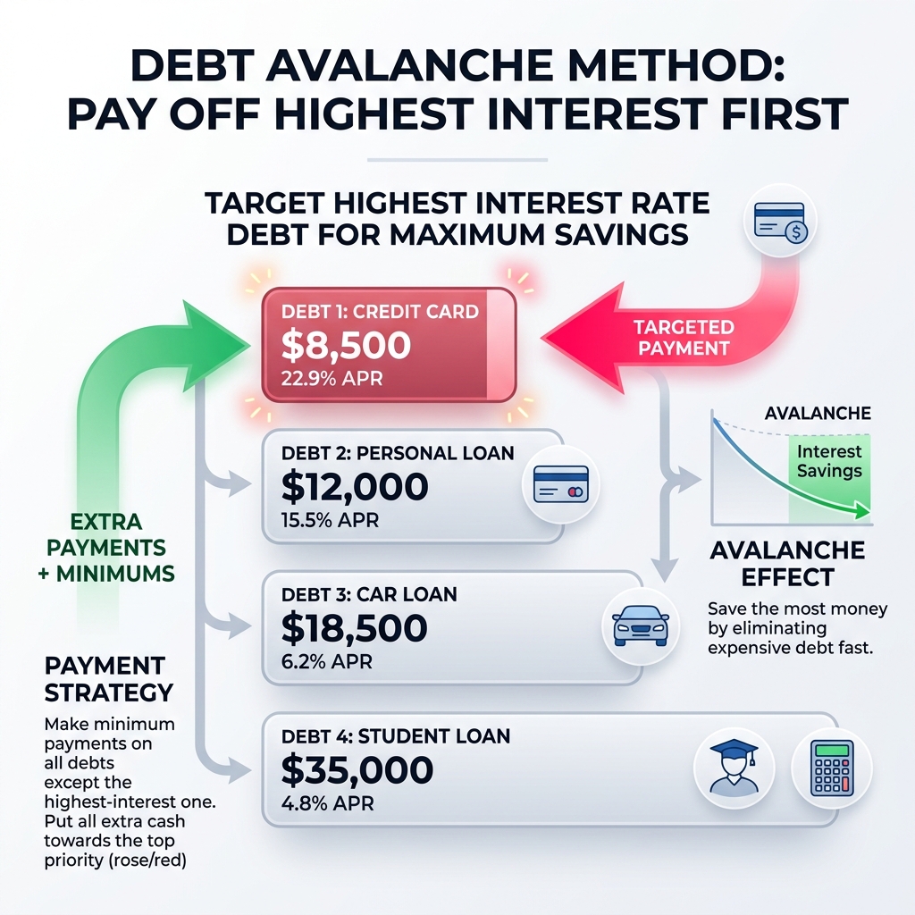 Visual comparison showing debt avalanche method targeting highest interest rate debts first to minimize total cost