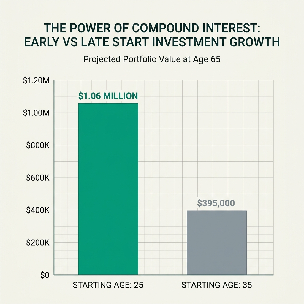Bar chart comparing investment growth starting at age 25 vs 35, showing dramatic difference from compound interest