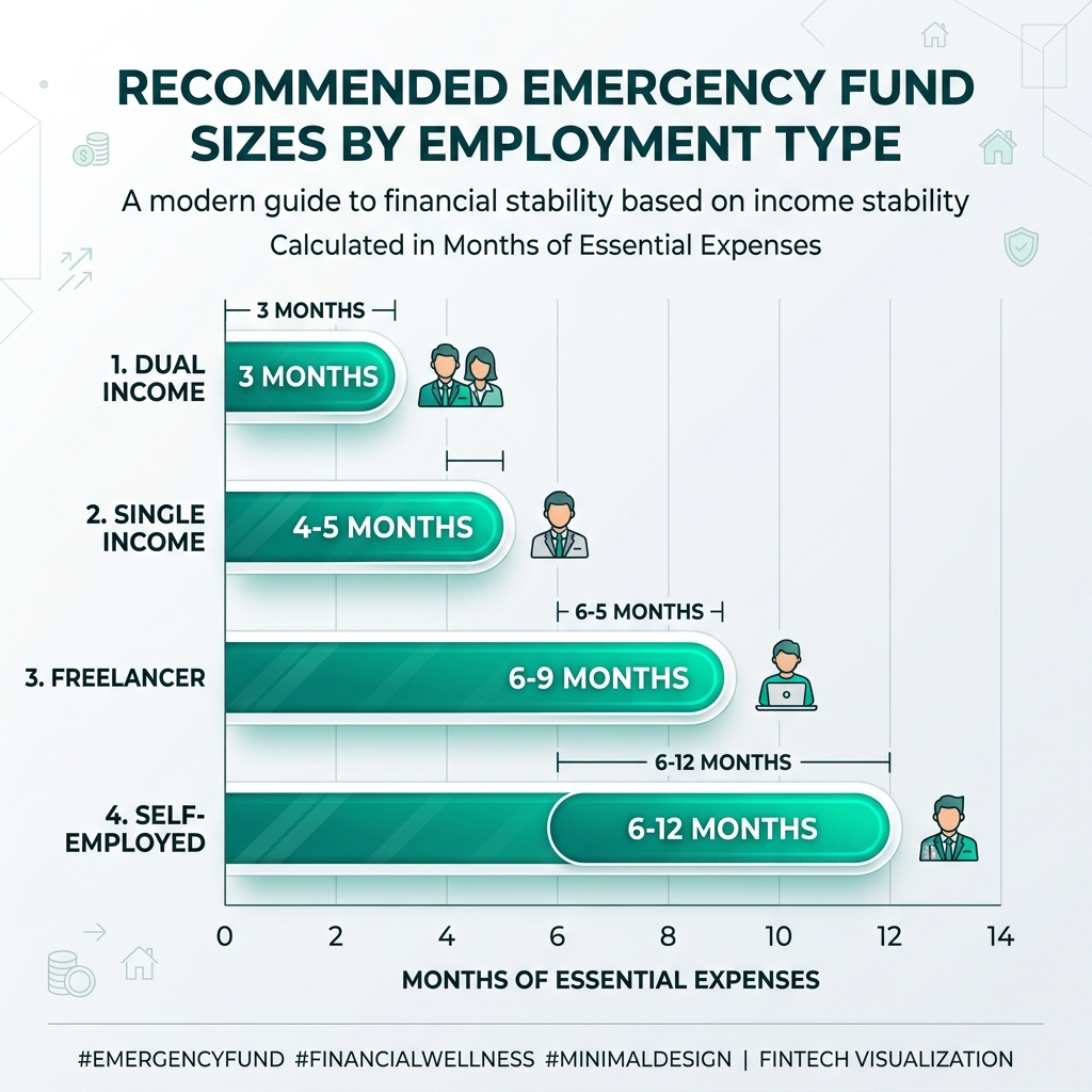 Bar chart showing recommended emergency fund sizes based on employment type
