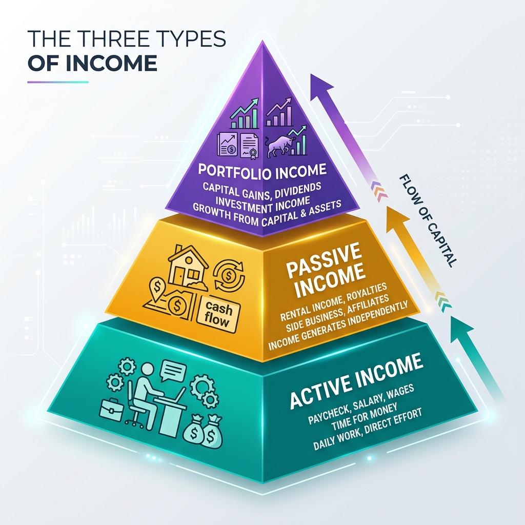 Pyramid diagram showing active income at base, passive income in middle, and portfolio income at top