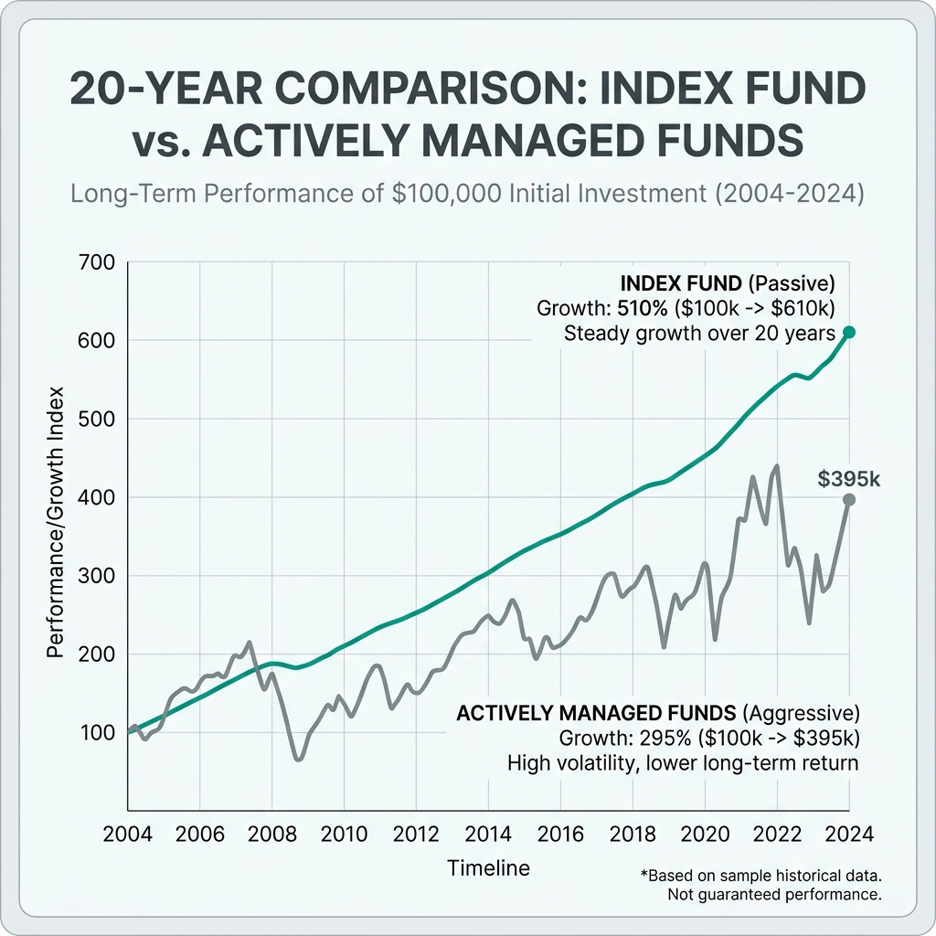 Line chart comparing index fund performance vs actively managed funds over 20 years