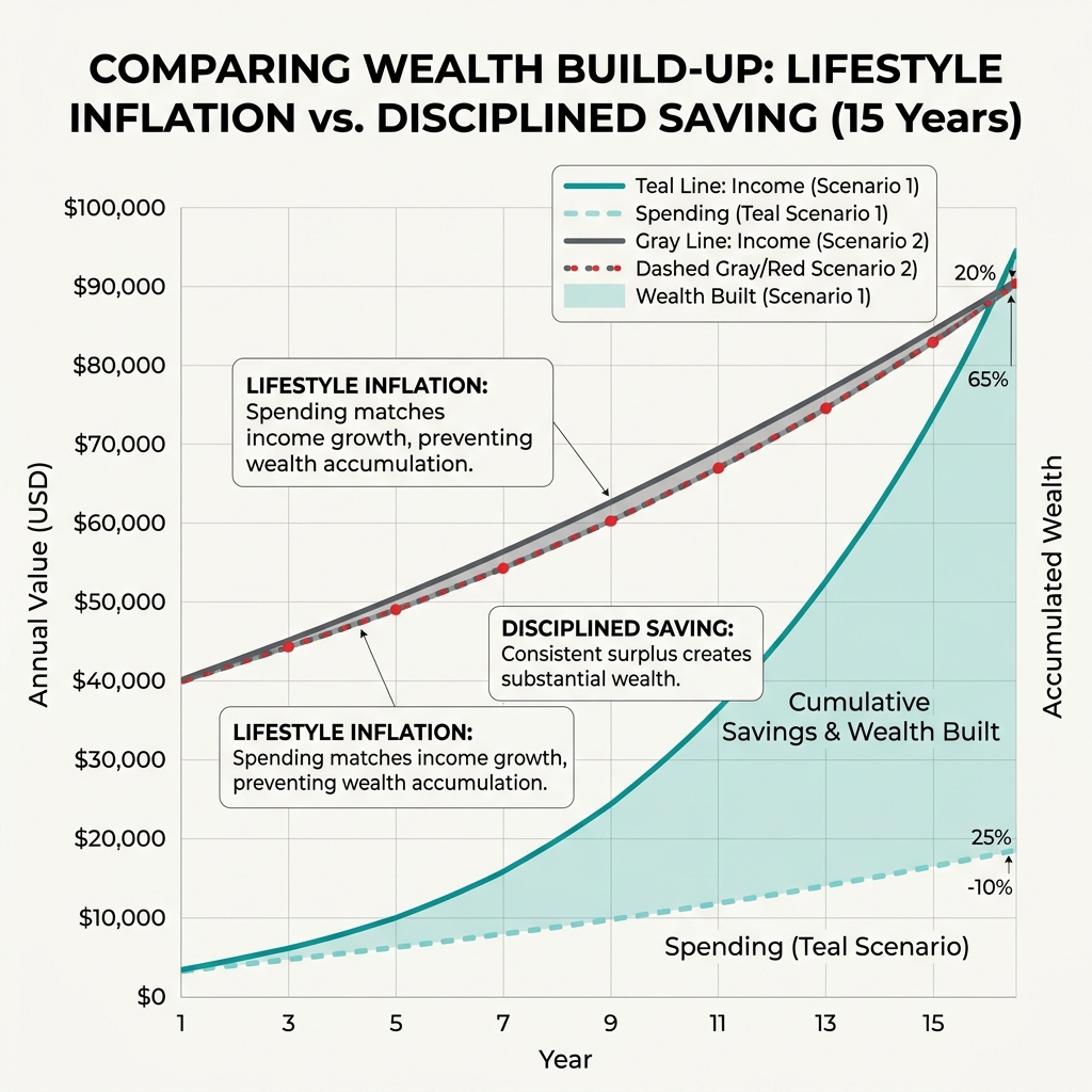 Two line charts comparing wealth growth: one with lifestyle inflation keeping savings flat, another with consistent savings growing exponentially