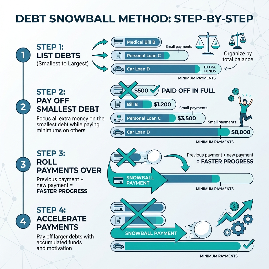 Step-by-step visual showing how the debt snowball method works, with smallest debts eliminated first