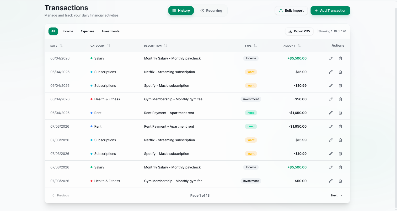 WiseCash Transaction History showing smart categorization and filtering